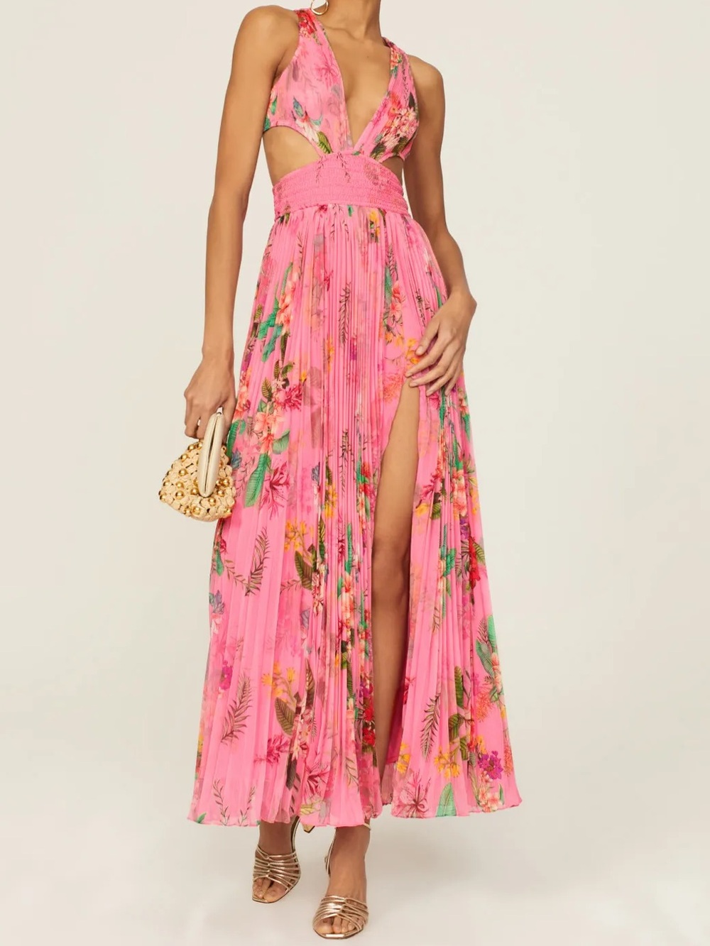 Rococo Sand Pink Tropical Floral Cutout Pleated Maxi Resort Vacation Goddess